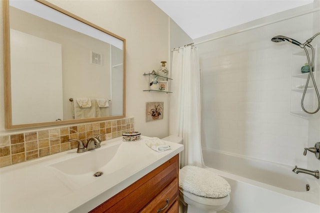 full bath featuring visible vents, decorative backsplash, toilet, shower / bath combination with curtain, and vanity