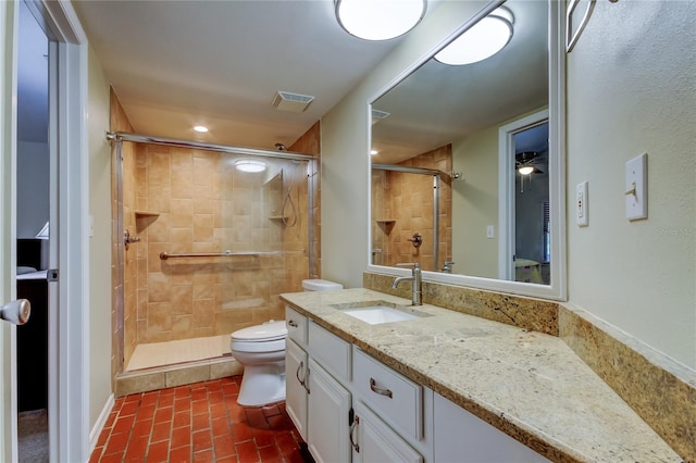 full bath with toilet, a shower stall, visible vents, and vanity