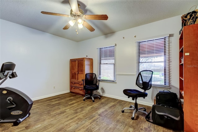 home office with a textured ceiling, baseboards, wood finished floors, and a healthy amount of sunlight