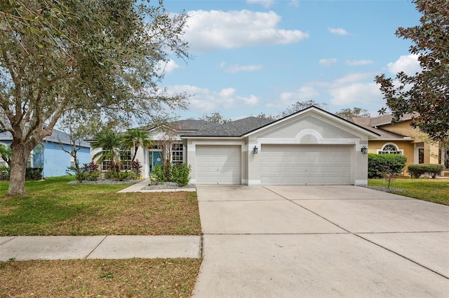 ranch-style house with a front yard and a garage