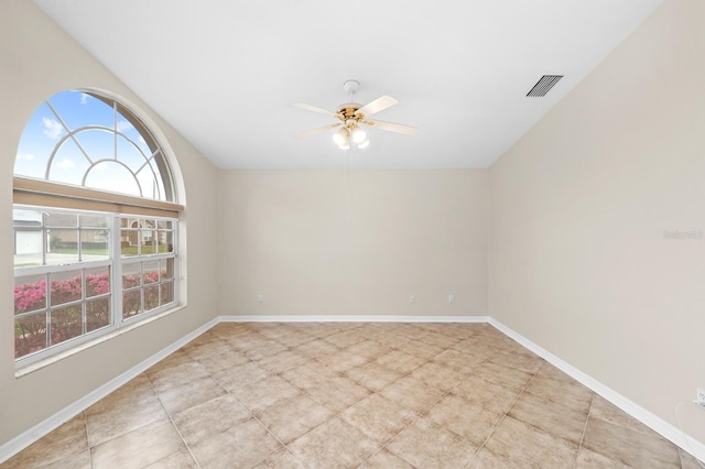2015 Golf Manor Blvd, Valrico, FL 33596 - spare room with visible vents, ceiling fan, baseboards, and vaulted ceiling