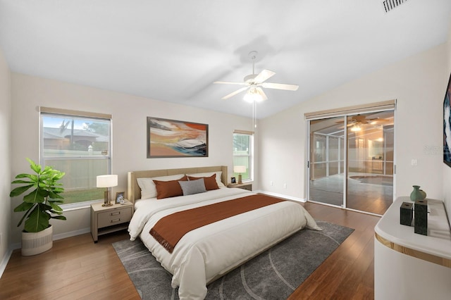 2015 Golf Manor Blvd, Valrico, FL 33596 - bedroom featuring a ceiling fan, wood finished floors, visible vents, lofted ceiling, and access to exterior