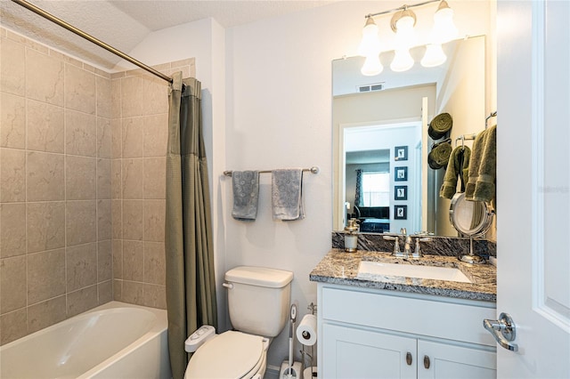 ensuite bathroom featuring visible vents, shower / bathtub combination with curtain, toilet, vanity, and ensuite bath