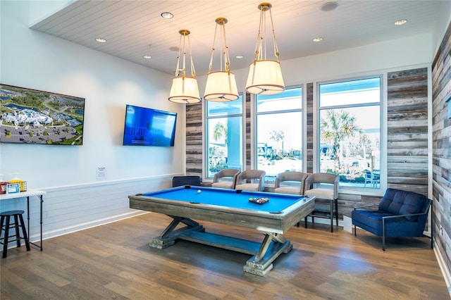 recreation room featuring wood ceiling, recessed lighting, wood finished floors, and pool table