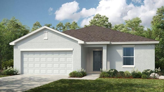 ranch-style home with a garage and a front yard