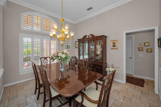 dining space with stone tile floors, baseboards, visible vents, an inviting chandelier, and ornamental molding