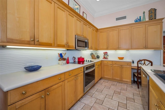 kitchen with visible vents, tasteful backsplash, stainless steel appliances, crown molding, and light countertops