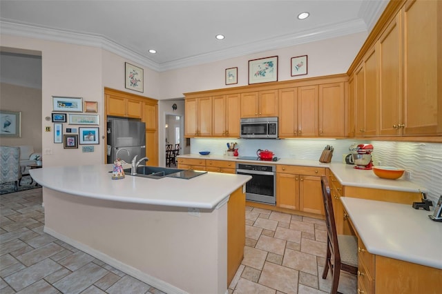 kitchen featuring a kitchen island with sink, a sink, decorative backsplash, stainless steel appliances, and crown molding