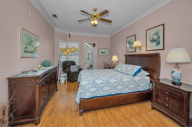 bedroom featuring light wood-type flooring, visible vents, a ceiling fan, access to outside, and crown molding