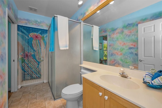 full bath featuring visible vents, toilet, a shower stall, wallpapered walls, and vanity