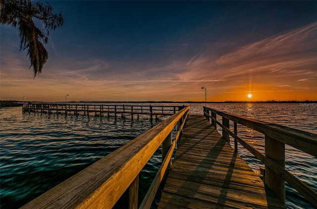 view of dock with a pier and a water view