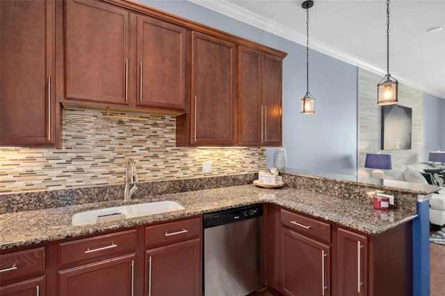 kitchen featuring stone counters, decorative light fixtures, stainless steel dishwasher, ornamental molding, and a sink