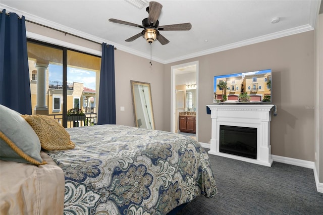 bedroom with baseboards, a glass covered fireplace, access to exterior, crown molding, and dark carpet