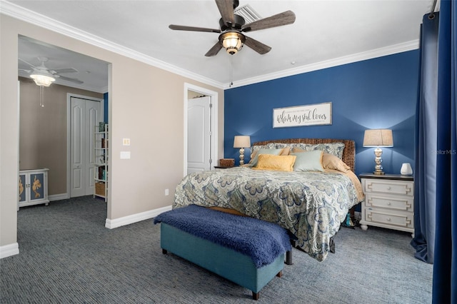 bedroom with ornamental molding, dark carpet, a ceiling fan, and baseboards