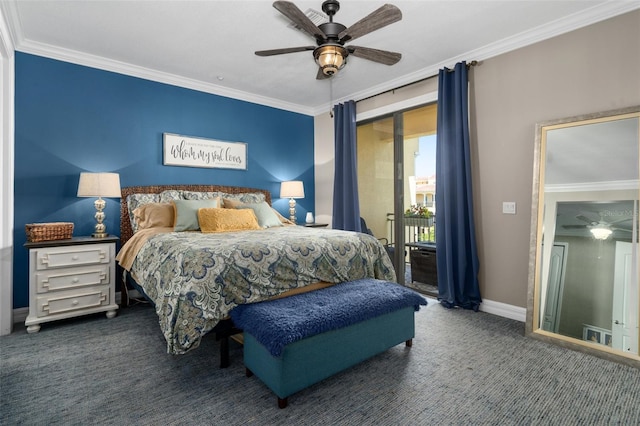 bedroom featuring crown molding, dark carpet, a ceiling fan, access to outside, and baseboards