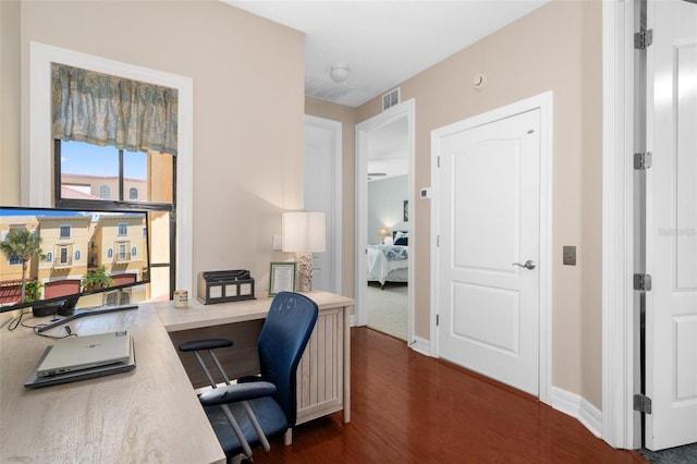 office featuring baseboards, visible vents, and dark wood finished floors