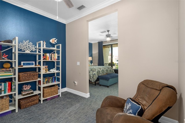 6411 Mayra Shores Ln, Apollo Beach, FL 33572 - sitting room with ceiling fan, carpet, crown molding, and baseboards