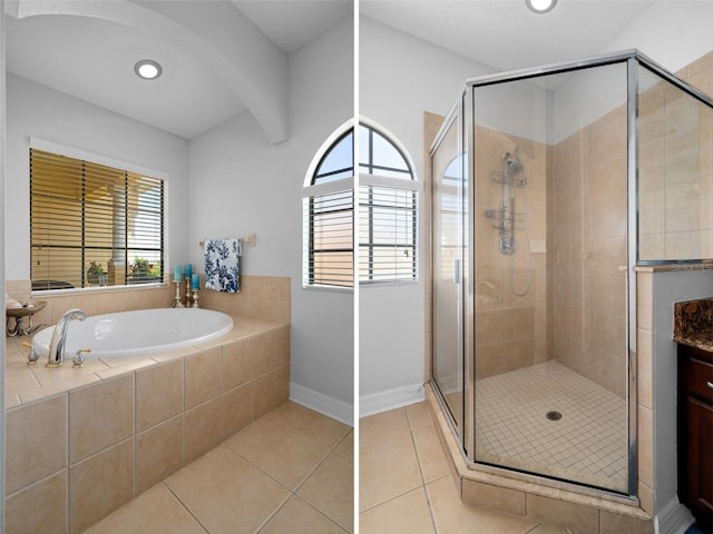 6411 Mayra Shores Ln, Apollo Beach, FL 33572 - bathroom featuring a shower stall, a bath, vanity, tile patterned flooring, and recessed lighting
