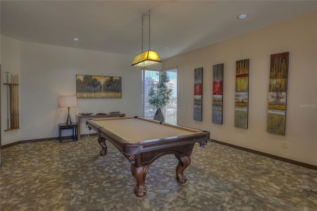 recreation room with carpet floors, recessed lighting, pool table, and baseboards