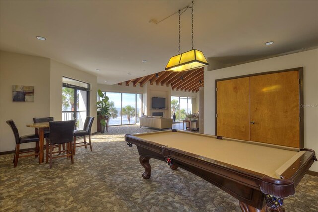 rec room featuring dark colored carpet, pool table, and recessed lighting