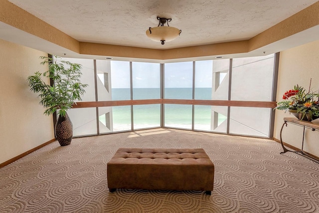 sitting room featuring a textured ceiling, a water view, and baseboards