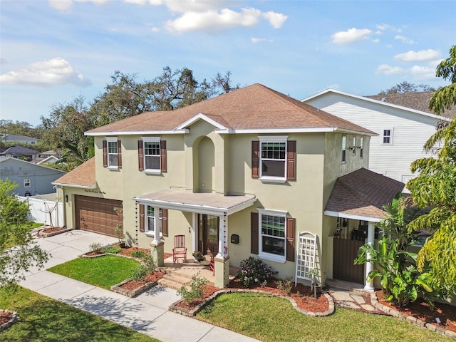 traditional-style home featuring a shingled roof, a front lawn, concrete driveway, and stucco siding