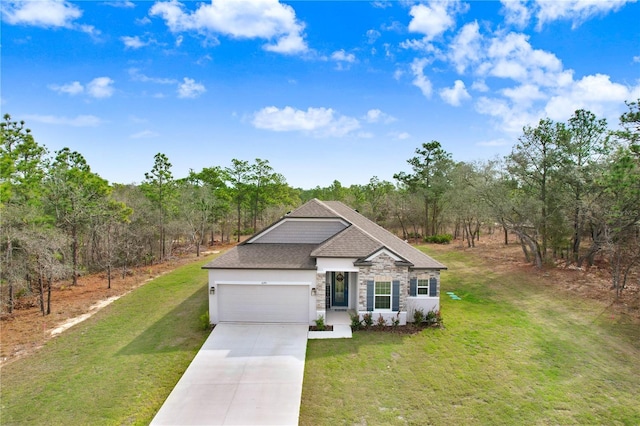 view of front of property with a garage, driveway, stone siding, roof with shingles, and a front lawn