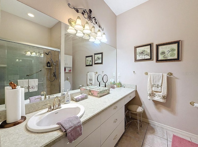 full bath with vanity, baseboards, a stall shower, tile patterned flooring, and toilet