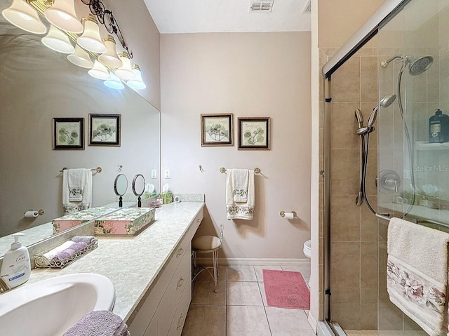 full bathroom with vanity, visible vents, a stall shower, and tile patterned flooring