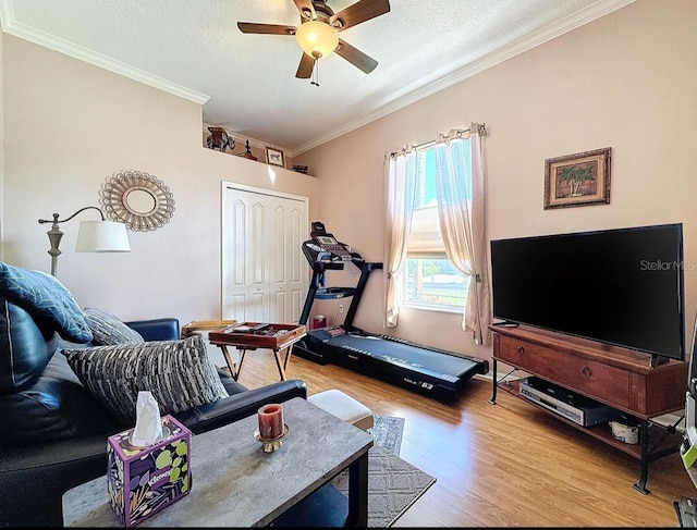 workout area featuring a ceiling fan, a textured ceiling, wood finished floors, and crown molding