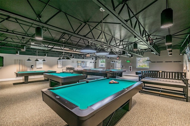 rec room featuring baseboards, carpet, and billiards