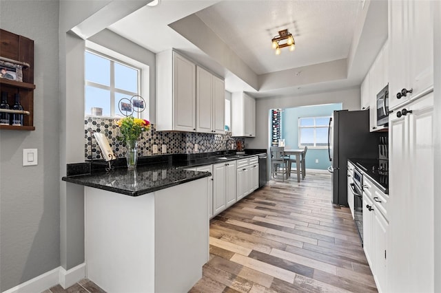 kitchen featuring light wood finished floors, tasteful backsplash, dark countertops, a raised ceiling, and appliances with stainless steel finishes
