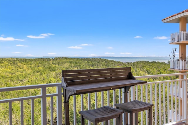 balcony with a water view and a forest view
