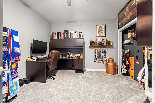 office area with carpet, visible vents, and baseboards