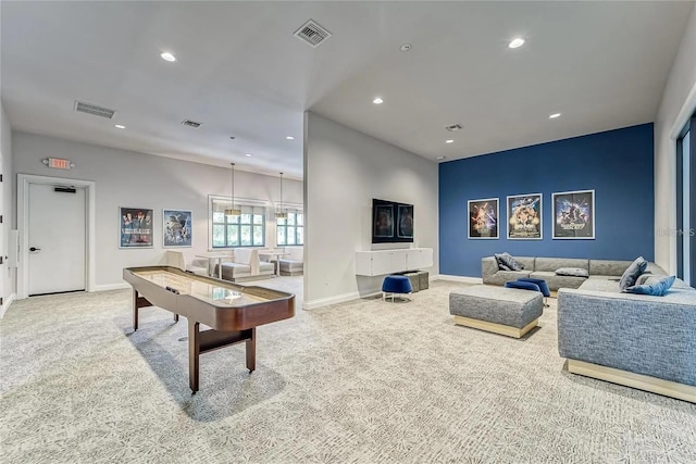 playroom featuring carpet, visible vents, baseboards, and recessed lighting