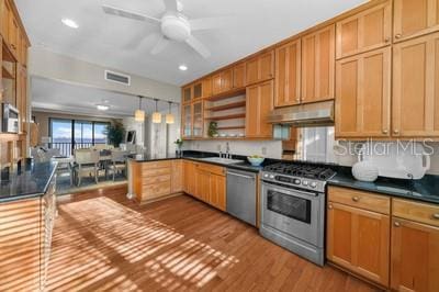 kitchen with appliances with stainless steel finishes, light hardwood / wood-style flooring, decorative light fixtures, ceiling fan, and sink