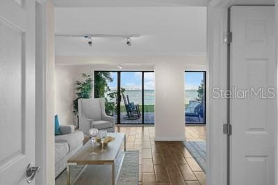 doorway to outside with hardwood / wood-style flooring and rail lighting