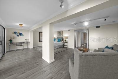 living room featuring dark hardwood / wood-style flooring and rail lighting