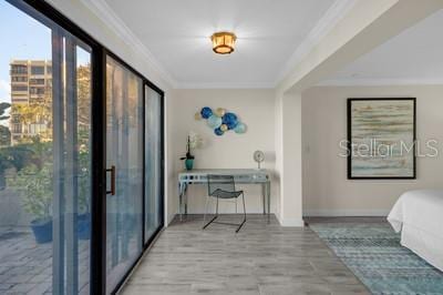 interior space featuring crown molding and light hardwood / wood-style floors