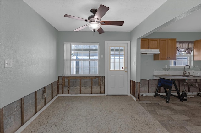 interior space with ceiling fan