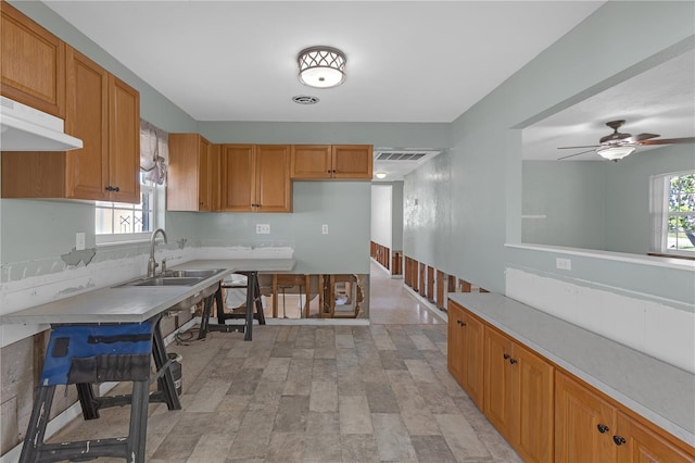 kitchen featuring plenty of natural light, light countertops, a sink, and under cabinet range hood