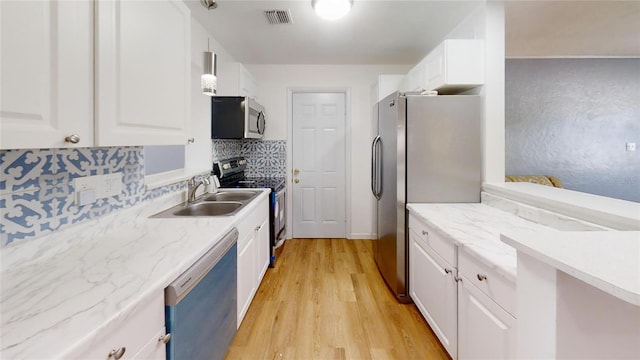 kitchen with a sink, visible vents, white cabinets, appliances with stainless steel finishes, and tasteful backsplash