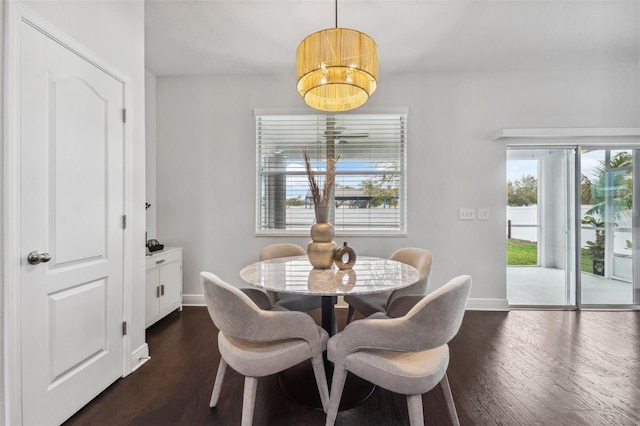 dining room with dark wood-style floors and baseboards