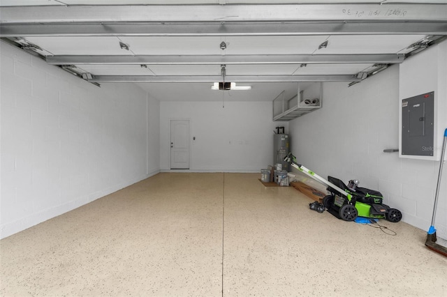 garage with water heater and electric panel