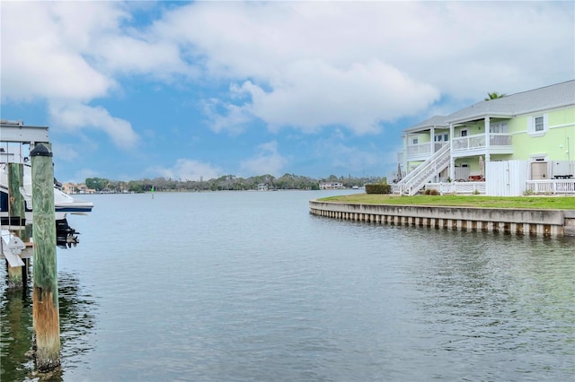 water view featuring a dock