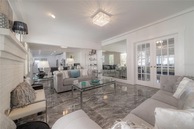living room featuring ornamental molding, marble finish floor, and french doors