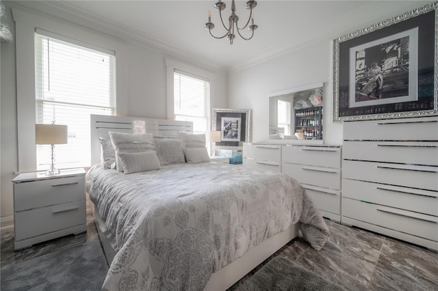 bedroom featuring a notable chandelier and crown molding