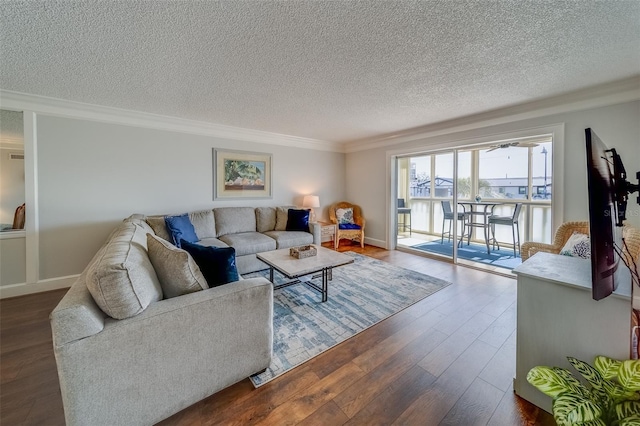 131 Bluff View Dr Unit 208, Belleair Bluffs, FL 33770 - living area featuring dark wood-style floors, ornamental molding, and a textured ceiling