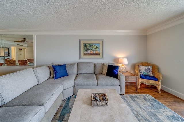 131 Bluff View Dr Unit 208, Belleair Bluffs, FL 33770 - living area with crown molding, a textured ceiling, wood finished floors, and a ceiling fan
