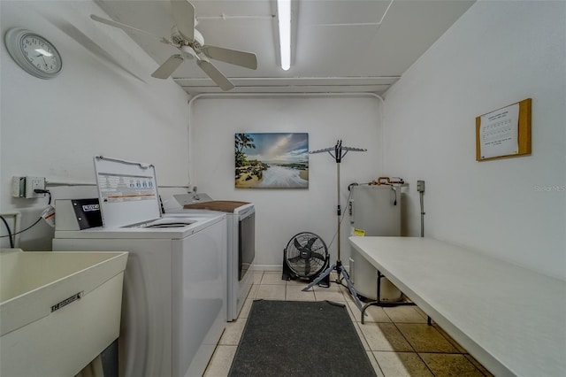 131 Bluff View Dr Unit 208, Belleair Bluffs, FL 33770 - washroom with water heater, washing machine and dryer, light tile patterned flooring, and a ceiling fan